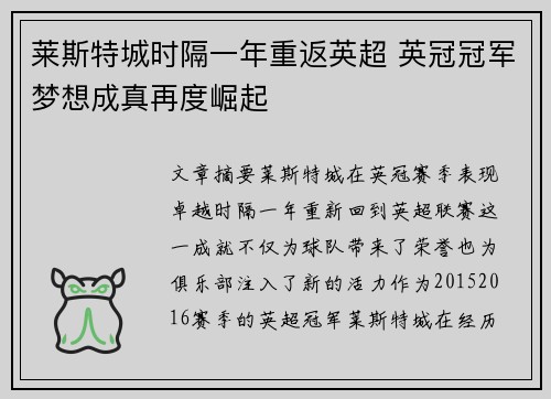 莱斯特城时隔一年重返英超 英冠冠军梦想成真再度崛起 莱斯特城时隔一年重返英超 英冠冠军梦想成真再度崛起