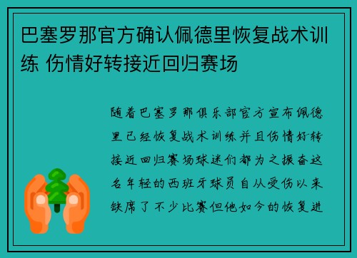 巴塞罗那官方确认佩德里恢复战术训练 伤情好转接近回归赛场 巴塞罗那官方确认佩德里恢复战术训练 伤情好转接近回归赛场
